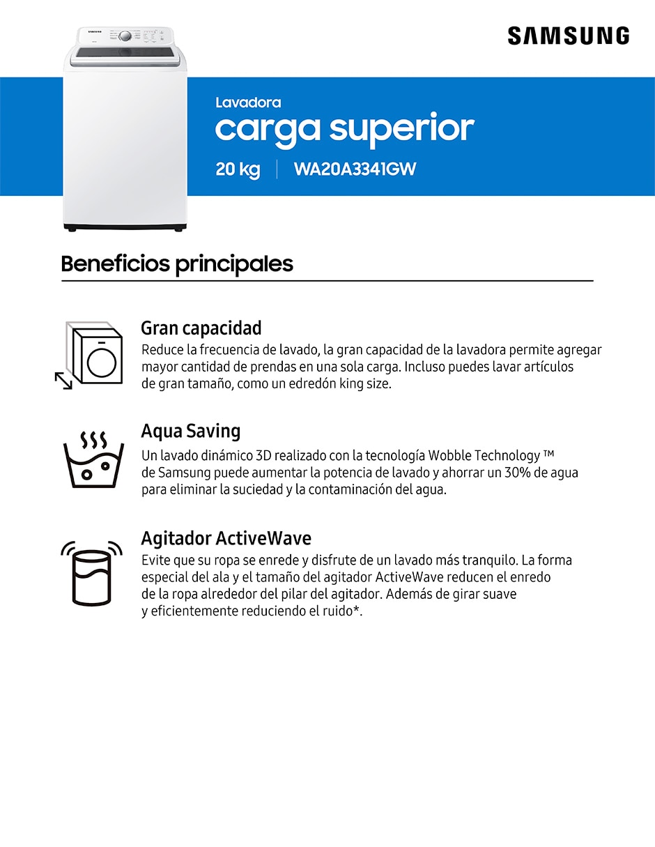 Lavadora Samsung 20 kg automática carga superior wa20a3341gw/ax