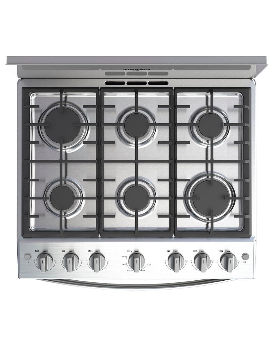 Combo Estufa de piso a gas LP 76 cm CWFR34000D-H de 6 quemadores + Campana 9