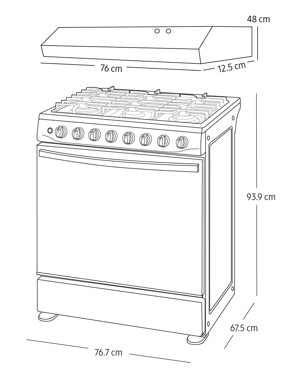 Combo estufa de piso a gas natural/lp Samsung 76.7 cm F-NK30BT5412MS de 6 quemadores + campana