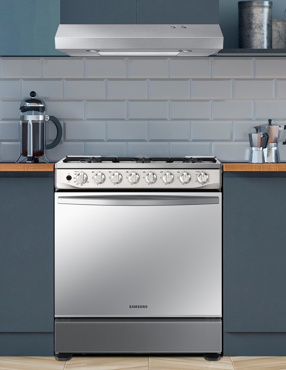 Combo estufa de piso a gas natural/lp Samsung 76.7 cm F-NK30BT5412MS de 6 quemadores + campana