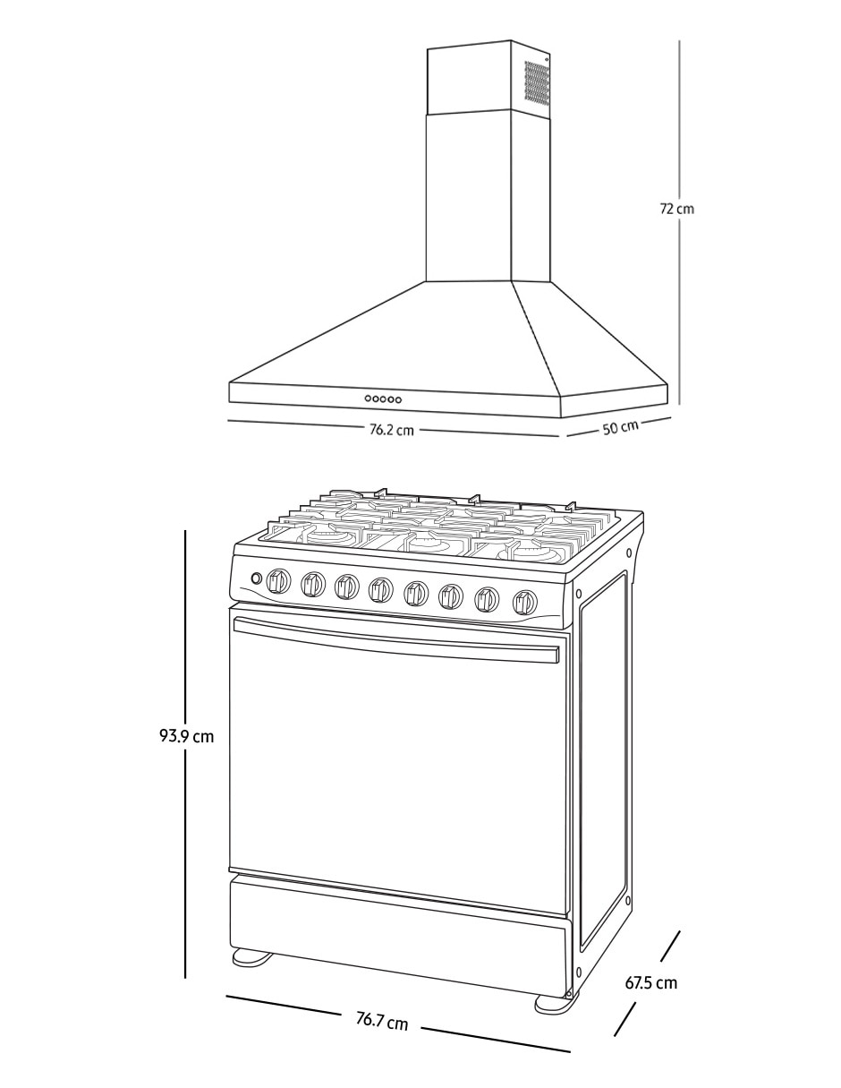 Combo estufa de piso a Gas natural/lp 76 cm F-NX52T540R500 de 6 quemadores + Campana 7