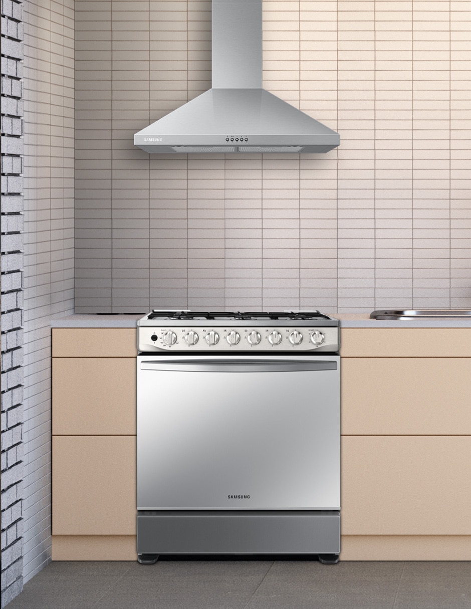 Combo estufa de piso a Gas natural/lp 76 cm F-NX52T540R500 de 6 quemadores + Campana