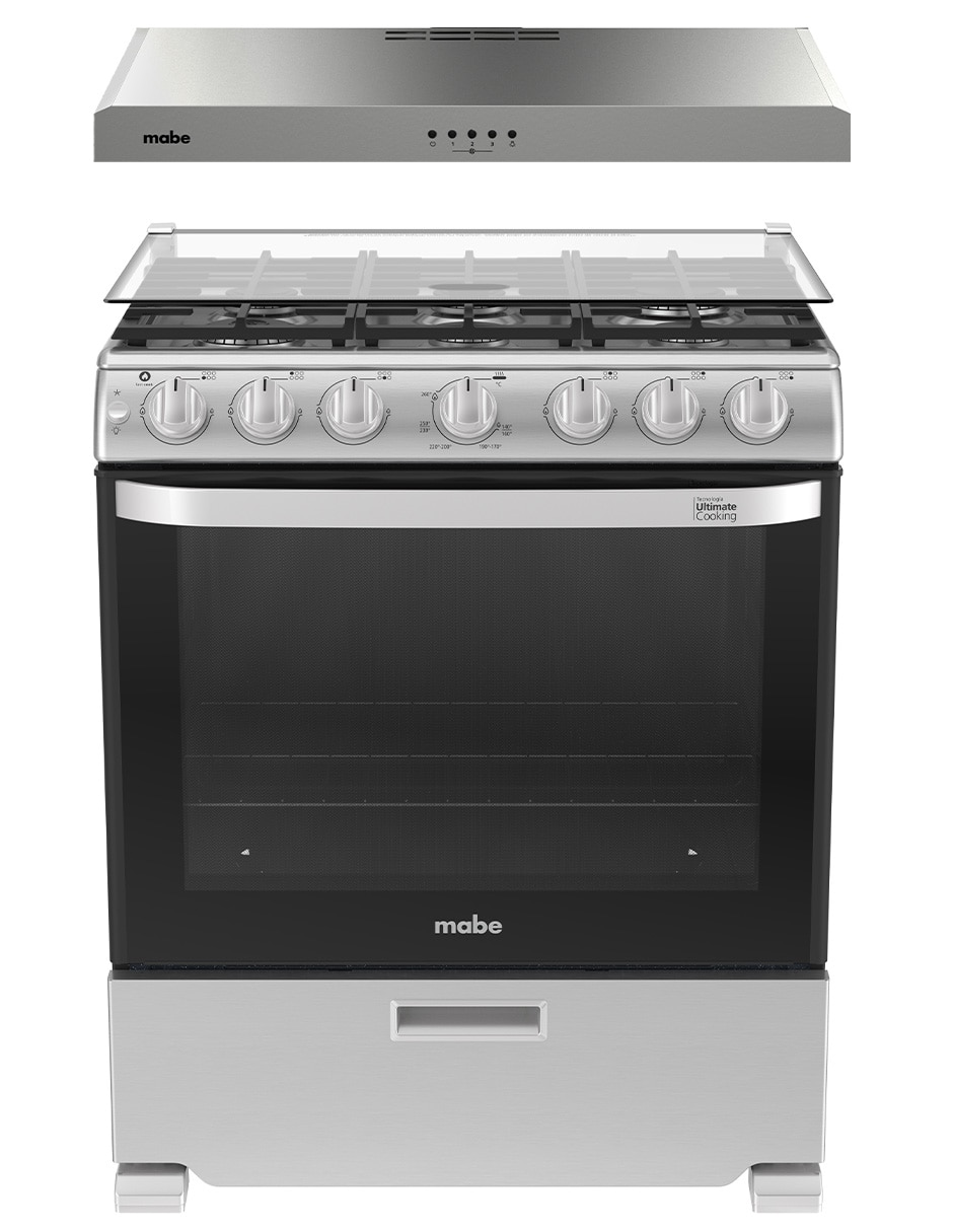 Combo estufa de piso a gas lp Mabe 76.6 cm EM7660CF3CMPU76 de 6 quemadores + campana