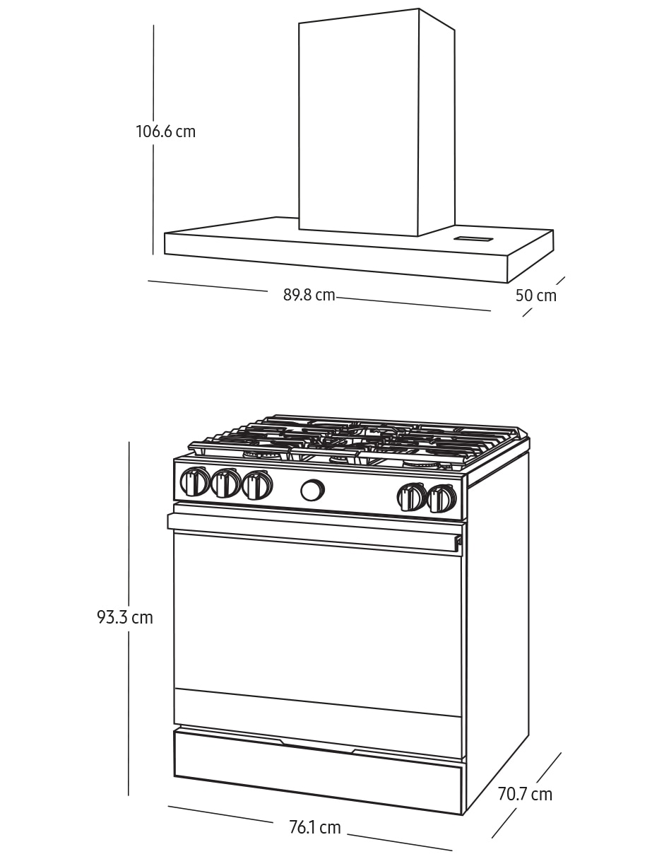Combo estufa de piso a gas natural/lp Samsung Bespoke 76.1 CM F-NSG870SRNK36 de 5 quemadores + campana