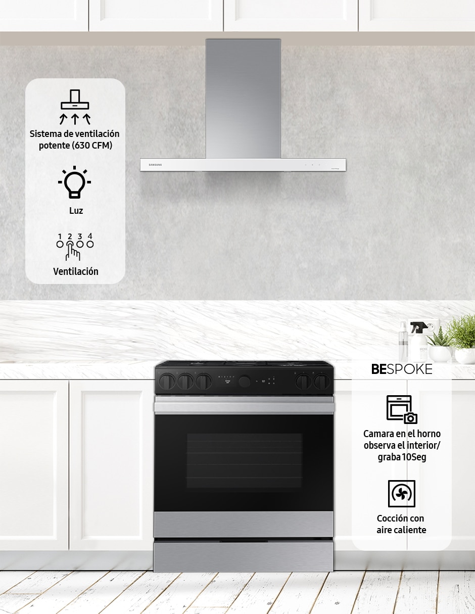 Combo estufa de piso a gas natural/lp Samsung Bespoke 76.1 CM F-NSG870SRNK36 de 5 quemadores + campana
