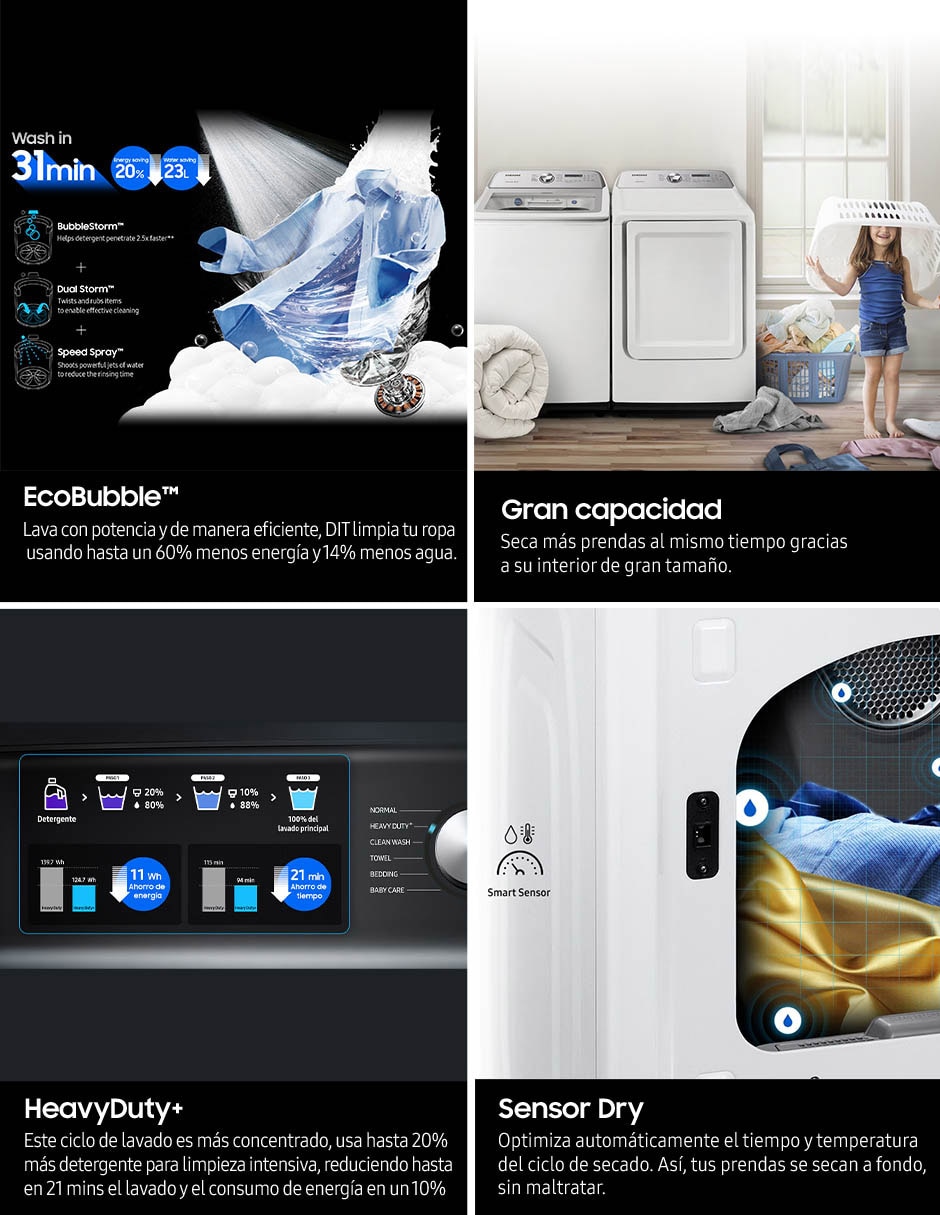 Combo Lavadora + Secadora Samsung de gas 28 kg 
F-WA28BDV24AV