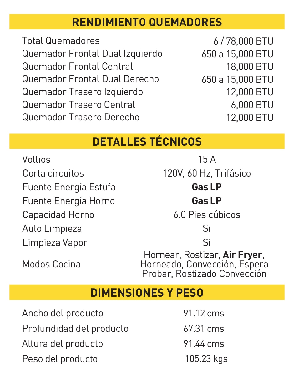 Estufa de piso a gas lp 90 cm TRG3601LP de 6 quemadores