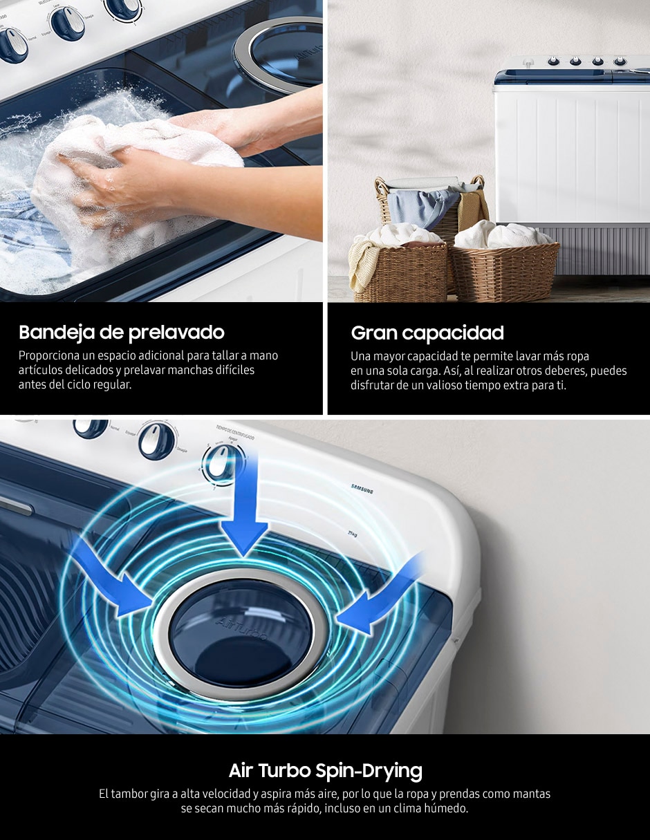 Lavadora doble tina Samsung 21 kg semiautomática carga superior wt21f6300lg/ax