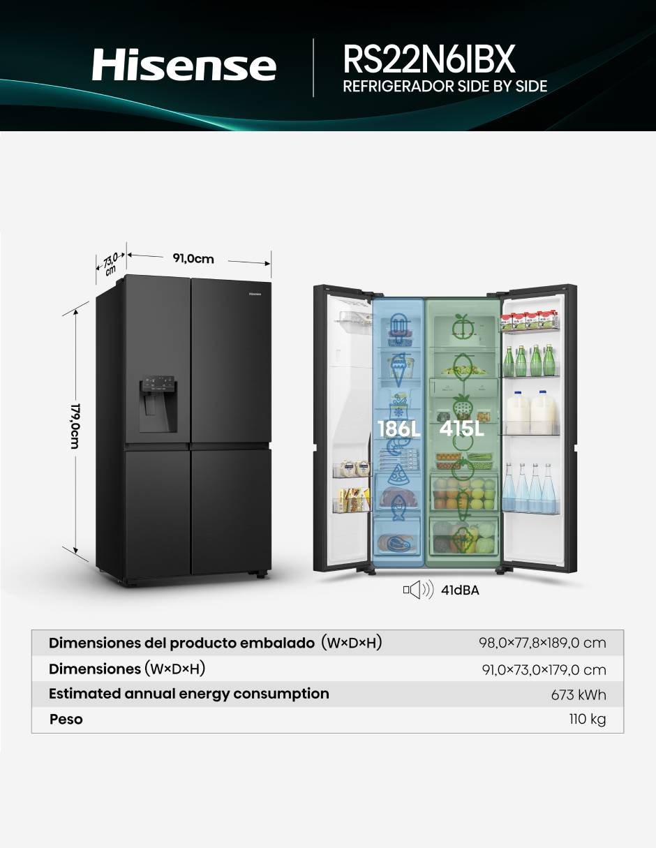 Refrigerador dúplex Hisense 22 pies cúbicos inverter y no frost y fábrica de hielo RS22N6IBX