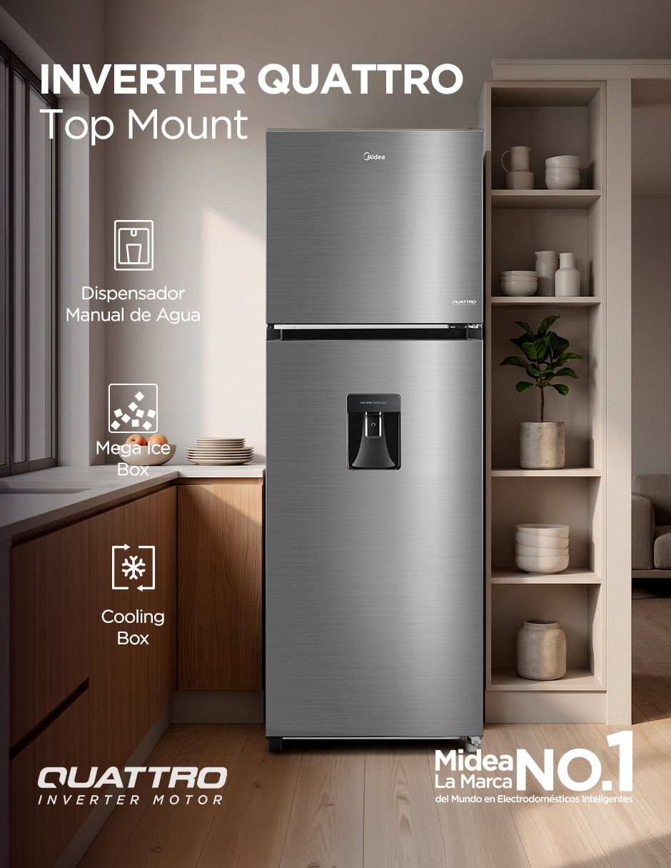 Refrigerador Top Mount Midea 12 pies cúbicos inverter y no frost y fábrica de hielo Mdrt489Mtm46Wd