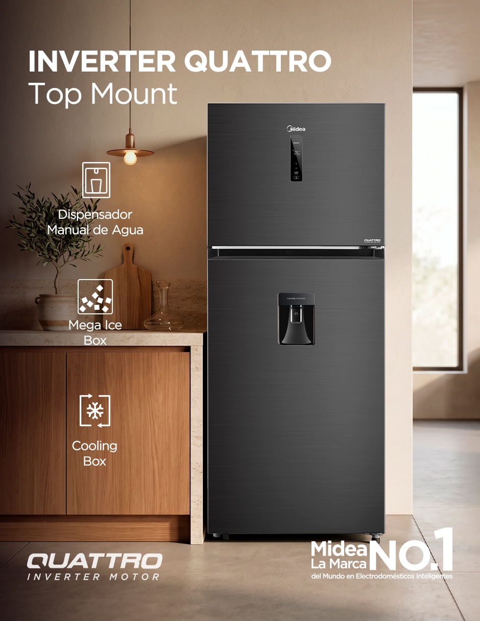 Refrigerador top mount Midea Jazz Black 15 pies cúbicos inverter y fábrica de hielo MDRT580MTM28WD