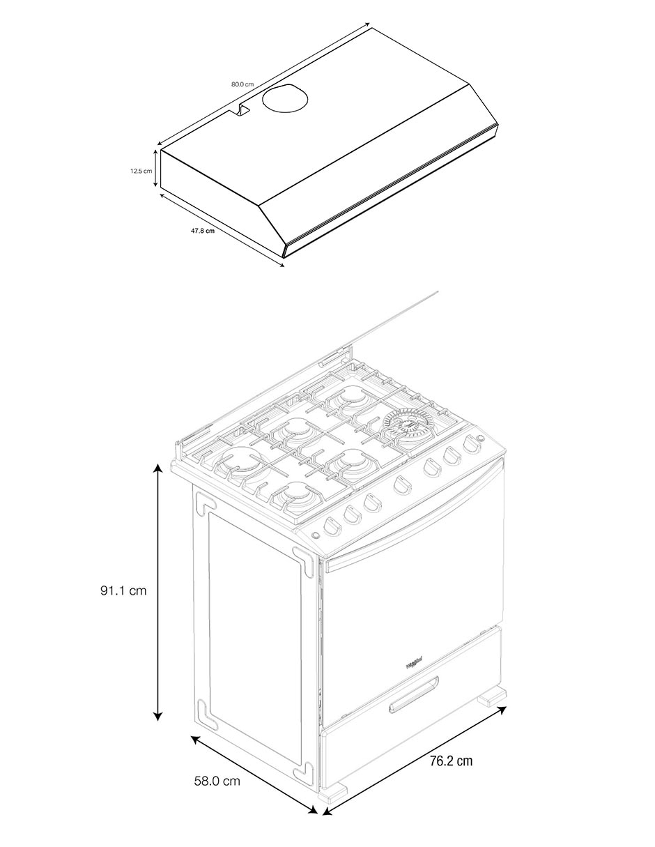 Combo estufa de piso a gas lp 76.2 cm CWFR5100S-HH de 6 quemadores + campana 6