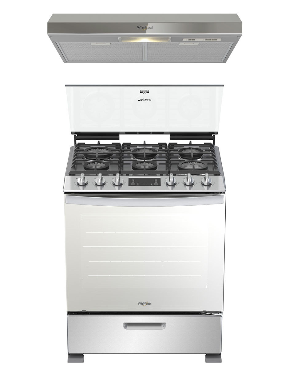 Combo estufa de piso a gas lp Whirlpool 76 cm CWFR7400S-HH de 6 quemadores + campana