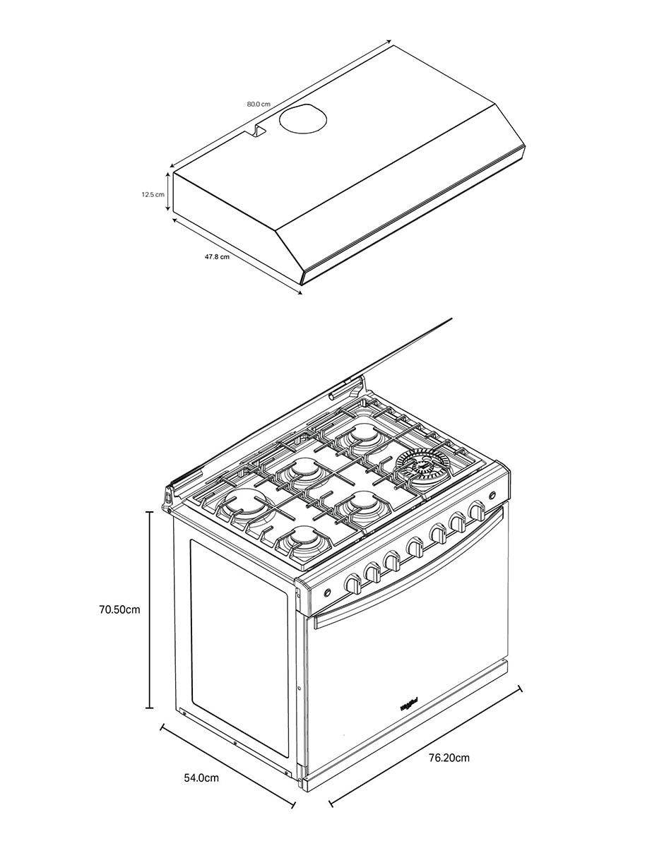 Combo estufa empotrable a gas lp 76.2 cm CWER5100S-HH de 6 quemadores + campana 6