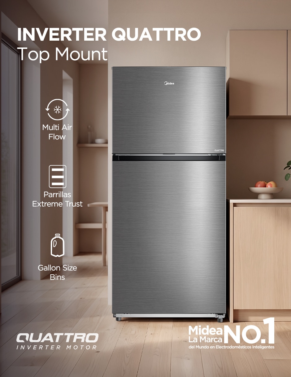 Refrigerador top mount Midea Inverter Quattro 20 pies cúbicos inverter y no frost y fábrica de hielo MDRT765FGM46D