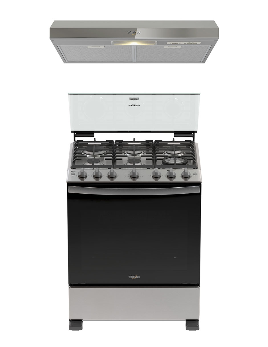 Combo estufa de piso a gas lp Whirlpool 76 cm CWFR7050S-HH de 6 quemadores + campana