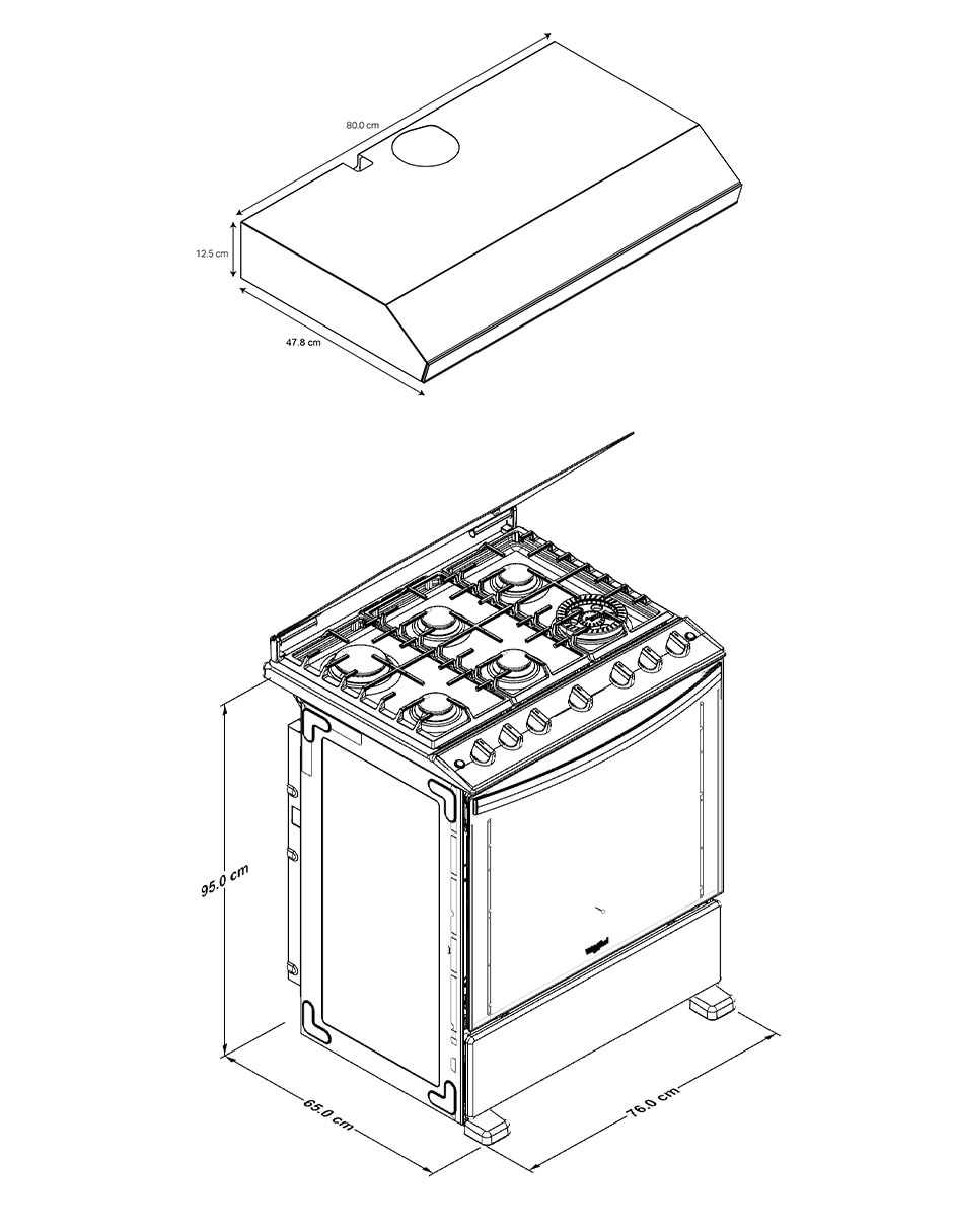 Combo estufa de piso a gas lp Whirlpool 76 cm CWFR7050S-HH de 6 quemadores + campana