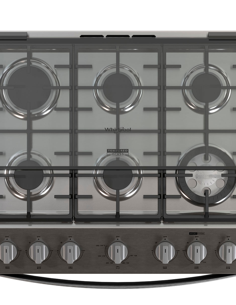 Combo estufa de piso a gas lp Whirlpool 76 cm CWFR7050S-HH de 6 quemadores + campana