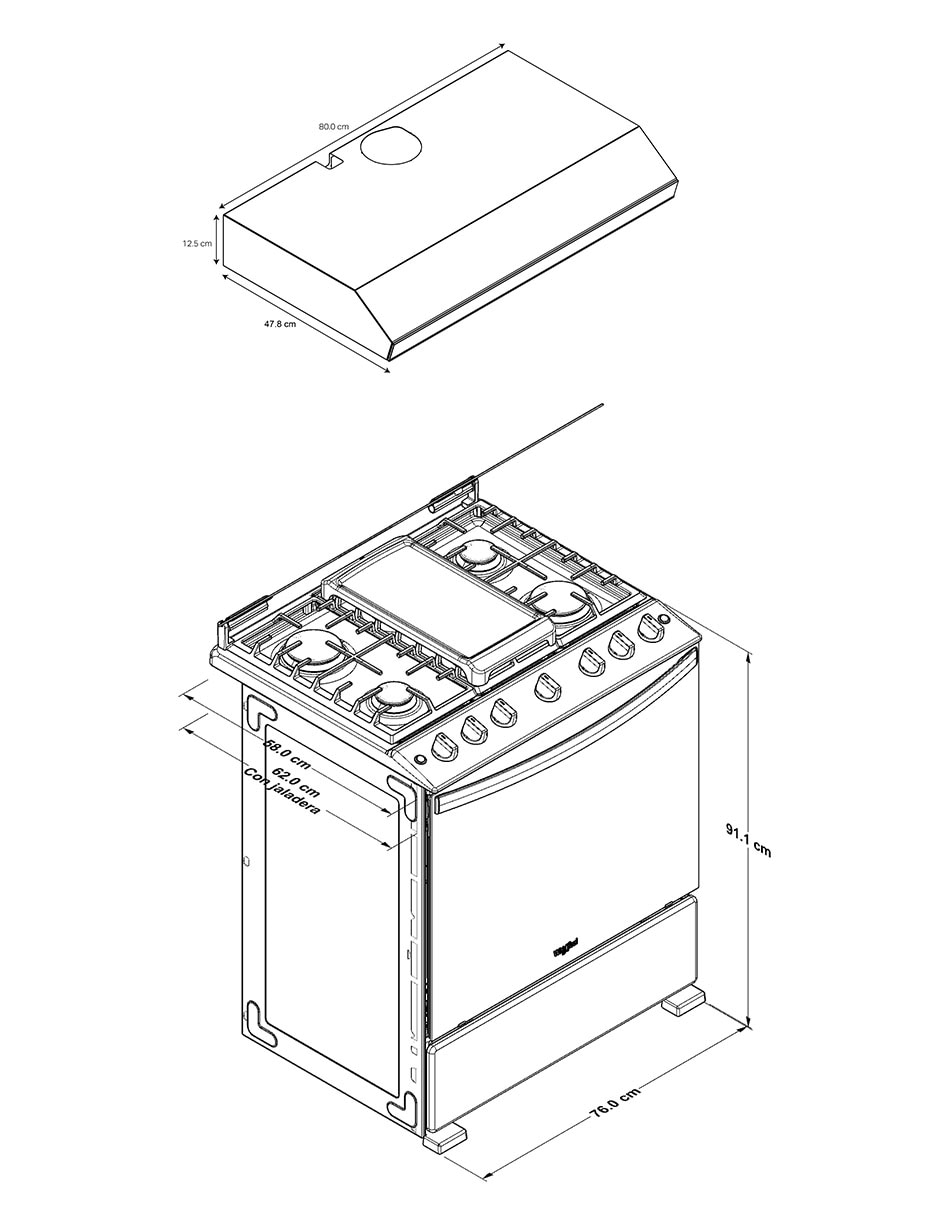 Combo estufa de piso a gas lp 76 cm CWFR5200D-HH de 6 quemadores + campana 6
