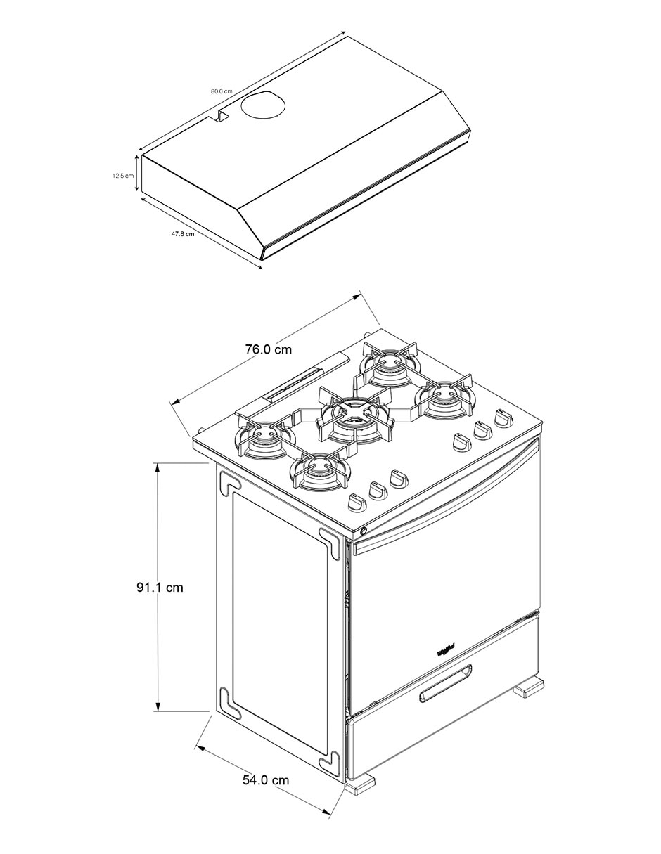Combo estufa de piso a gas lp Whirlpool 76 cm CWFR7650S-HH de 5 quemadores + campana