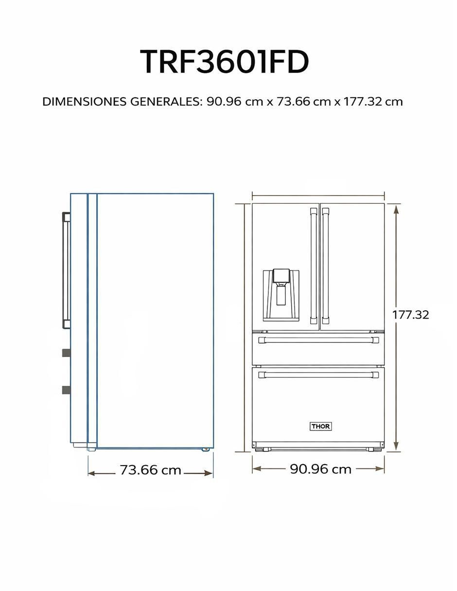 Refrigerador french door Thor Kitchen 21 pies cúbicos Dual Cooling (Doble Evaporador) y fábrica de hielos TRF3601FD