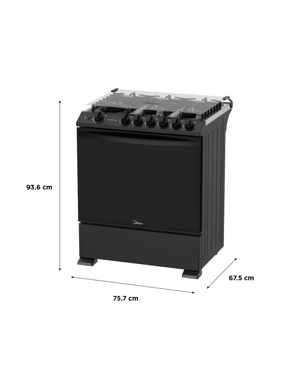 Estufa de piso a Gas natural/LP Midea 75.7 cm MGS30FS1LIASBT de 6 quemadores