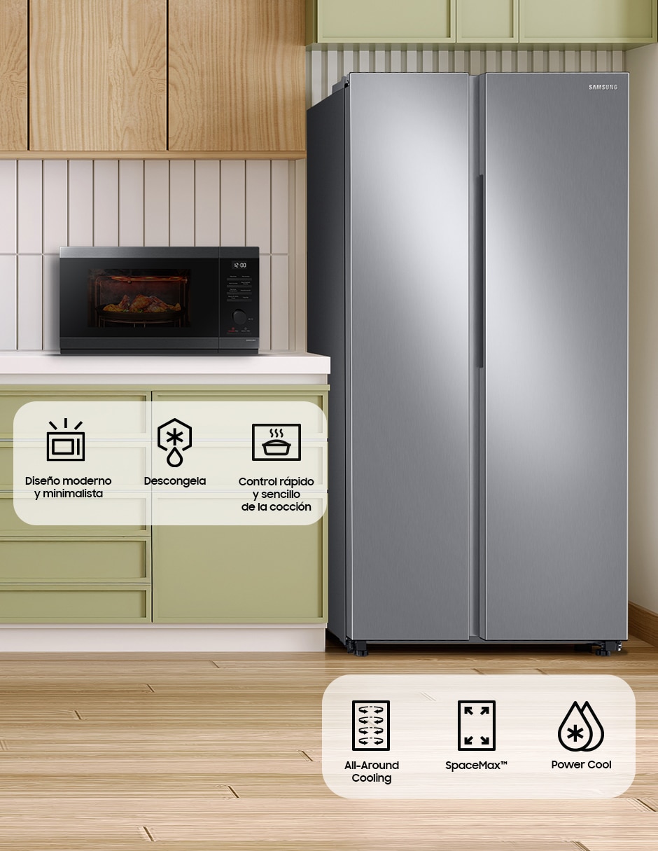 Combo refrigerador dúplex Samsung 23 pies inverter y fábrica de hielo F-RS23S9MS32GX + Horno de microondas Samsung MS32DG4504AGAX