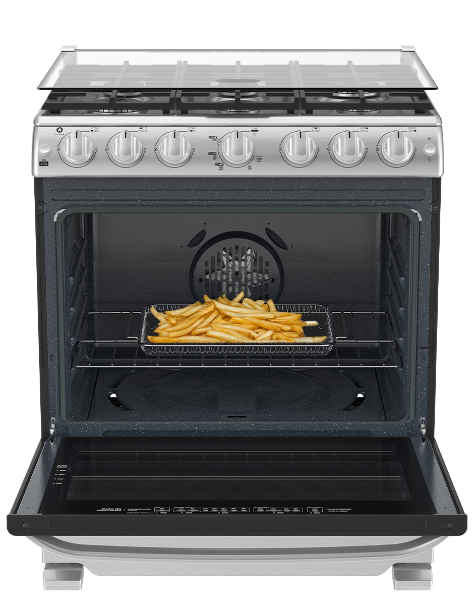 Combo estufa de piso a gas LP Mabe Air Fry 76.6 cm EMA7660CFCM76SS de 6 quemadores + campana