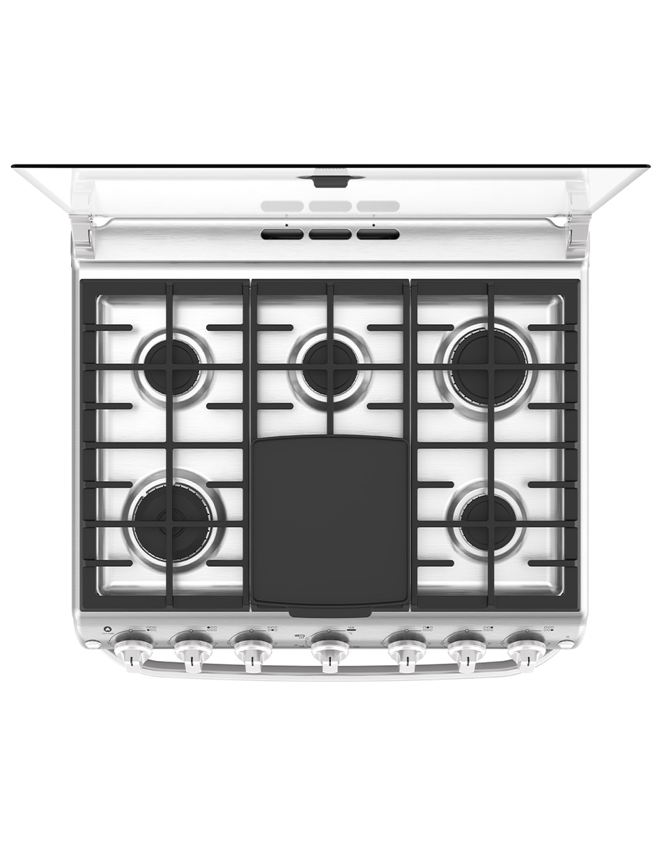 Combo estufa de piso a gas LP Mabe Air Fry 76.6 cm EMA7660CFCM76SS de 6 quemadores + campana