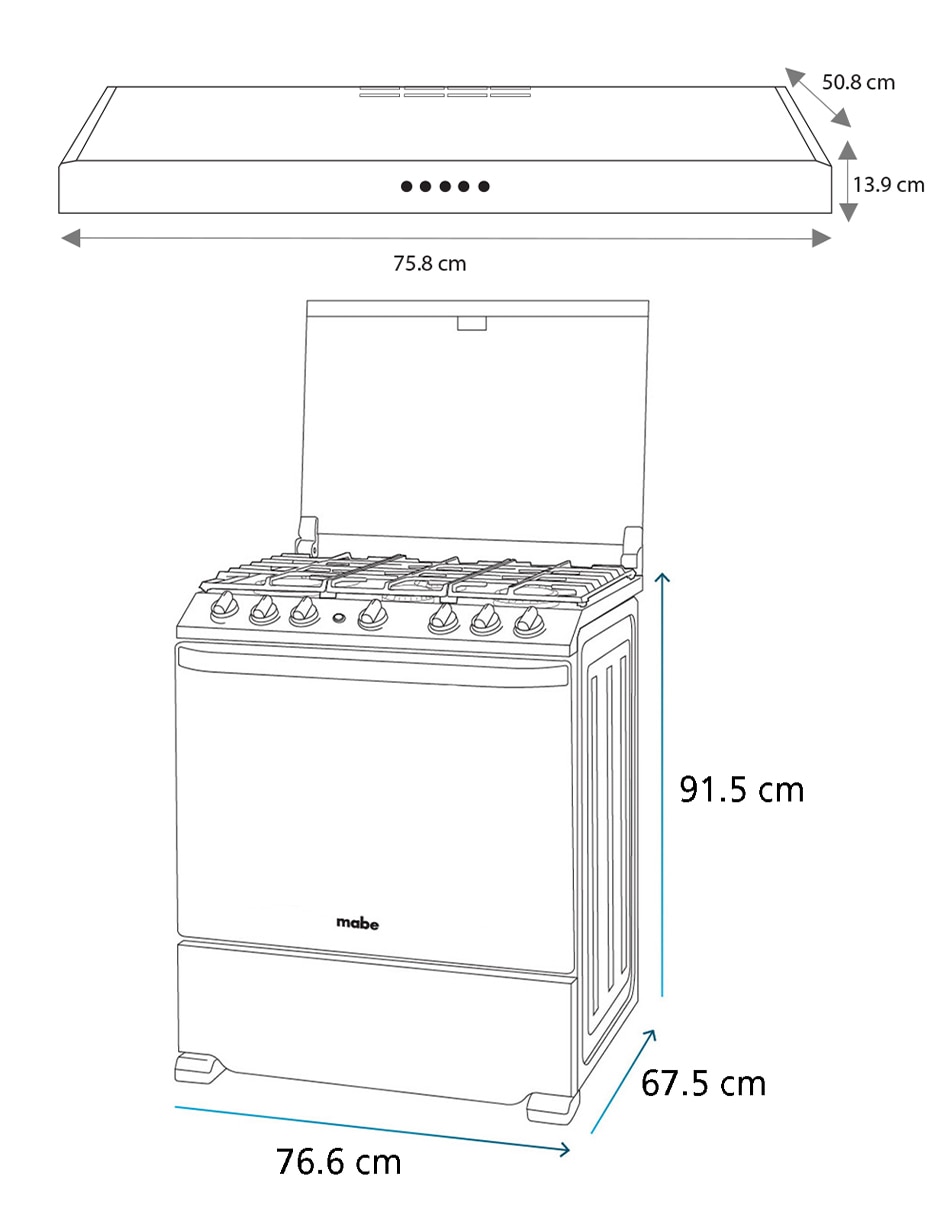 Combo estufa de piso a gas LP Mabe Air Fry 76.6 cm EMA7660CFCM76SS de 6 quemadores + campana