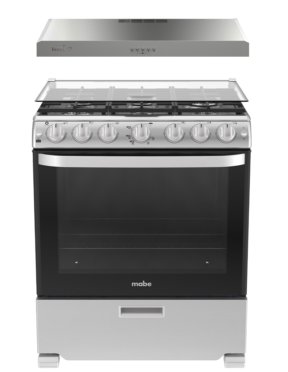 MABE Combo estufa de piso a gas LP Mabe Air Fry 76.6 cm EMA7660CFCM76SS de 6 quemadores + campana