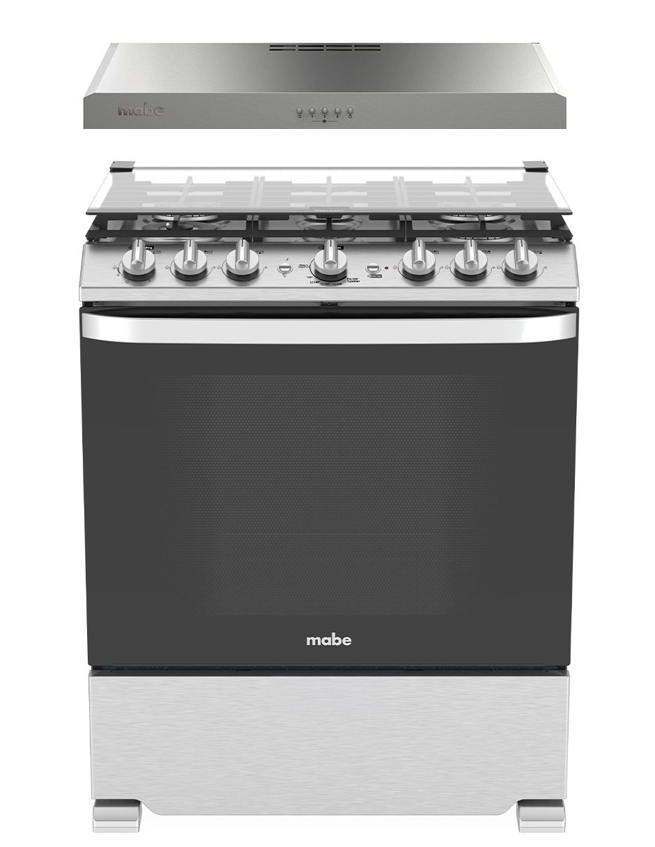 Combo estufa de piso a gas LP MABE Air Fry 75.8 cm EMHA7612DSSCM76SS de 6 quemadores + campana